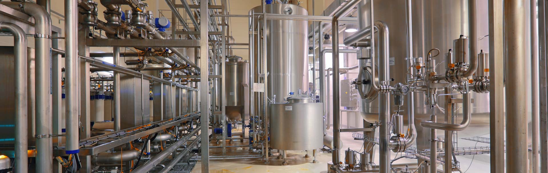 Stainless-steel sanitary process equipment installed at a food processing facility